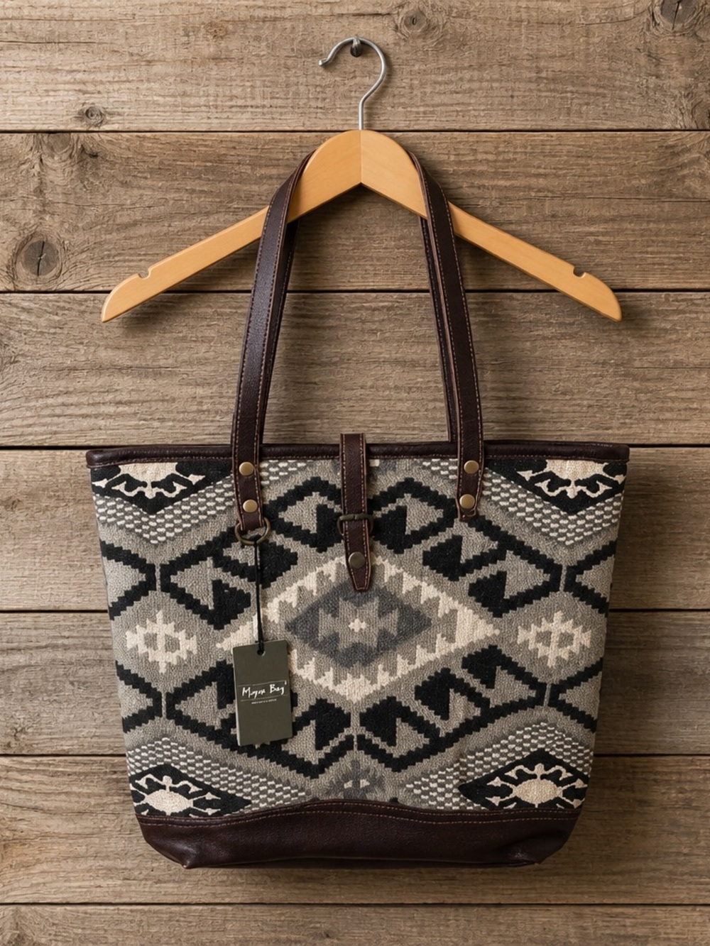 Myra Bag Gray and Brown Aztec Tote with Leather Trim